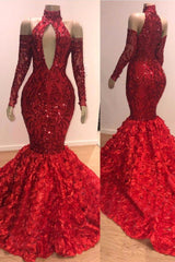 Long Sleevess Sequins Prom Dress Mermaid Flowers Evening Gowns
