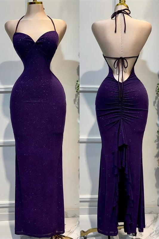 Stunning Grape Halter Backless Prom Dress Mermaid Sleeveless Sweetheart