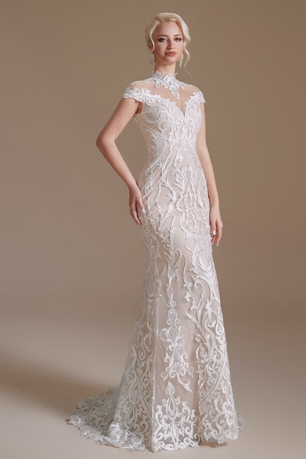 Elegant High-neck Long Lace Mermaid Wedding Dress With Sleeves