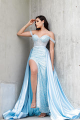 Popular Sky Blue Off-the-Shoulder Sweetheart Sleeveless Mermaid Prom Dresses With Split Sequins Detachable Skirt