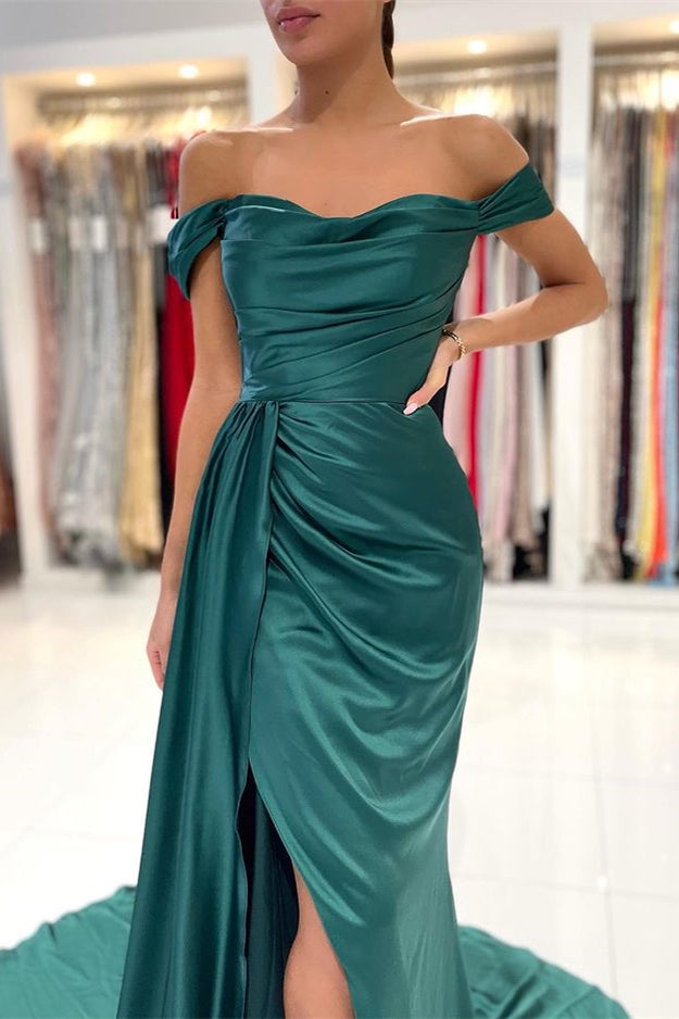Gorgeous Dark Green Off-the-Shoulder Mermaid Prom Dress Ruffles With Slit
