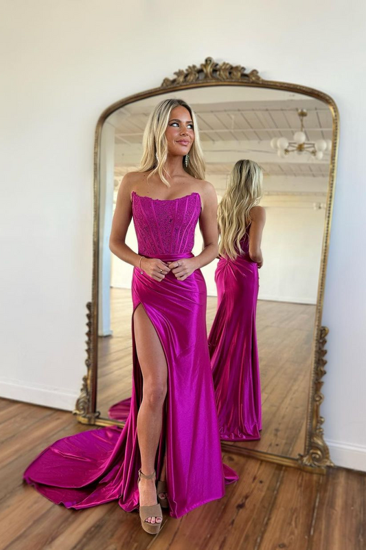 Fushcia Prom Dress Sleeveless Strapless Appliques Slit