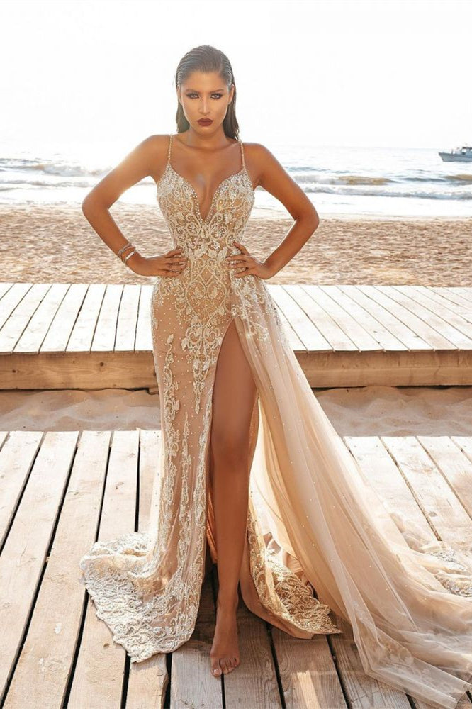 Mermaid Split Wedding Dress in Nude with Spaghetti Straps and Beadings