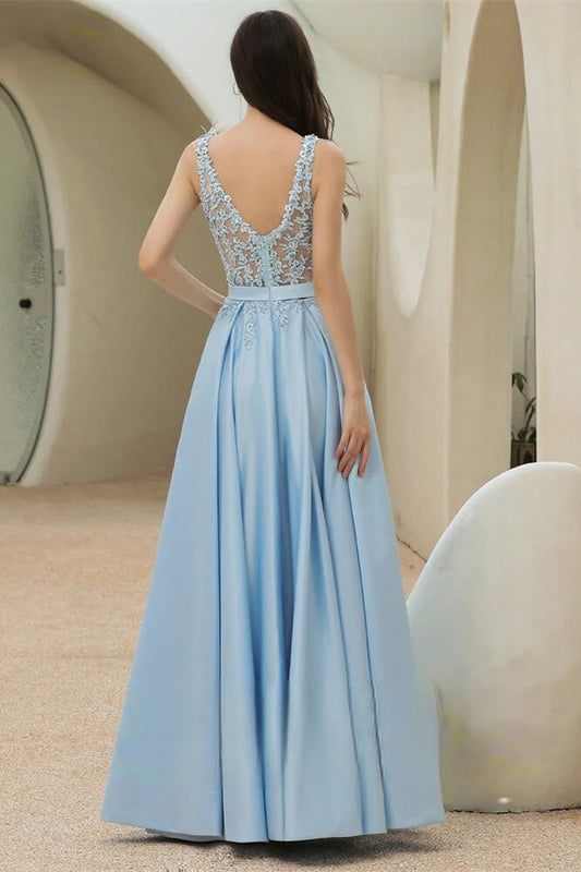 New Arrival Sky Blue Sleeveless V-Neck Prom Dress Long With Lace Appliques Split