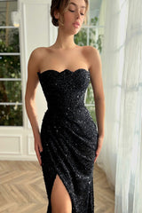 Classy Black Strapless Sequins Prom Dress Mermaid Slit Long