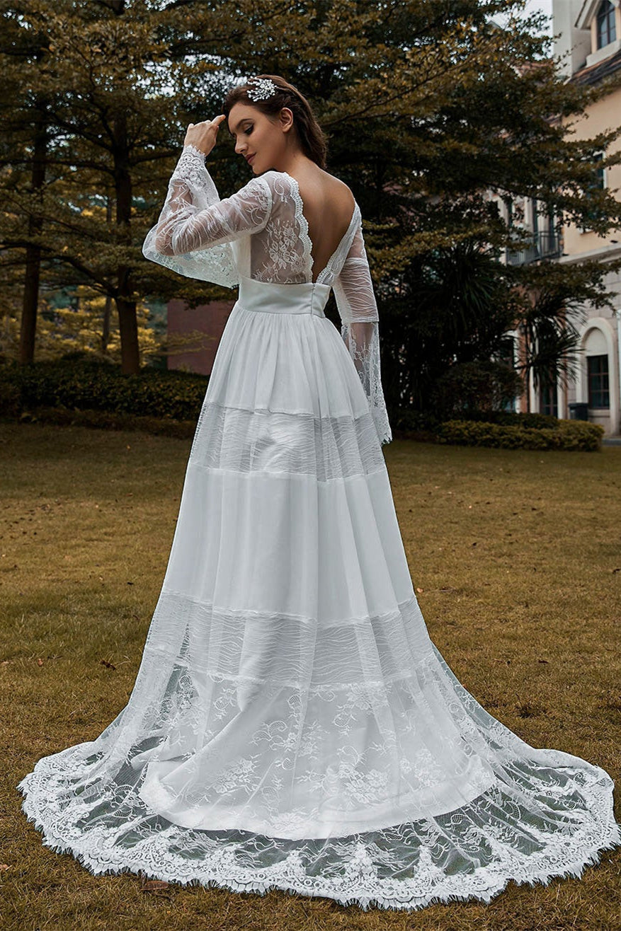 Long Lace Boho Sleeves Wedding Dress