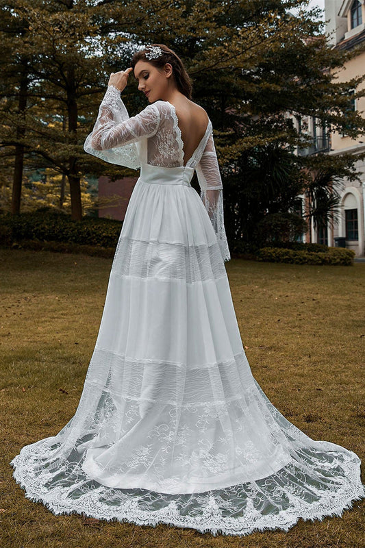 Long Lace Boho Sleeves Wedding Dress