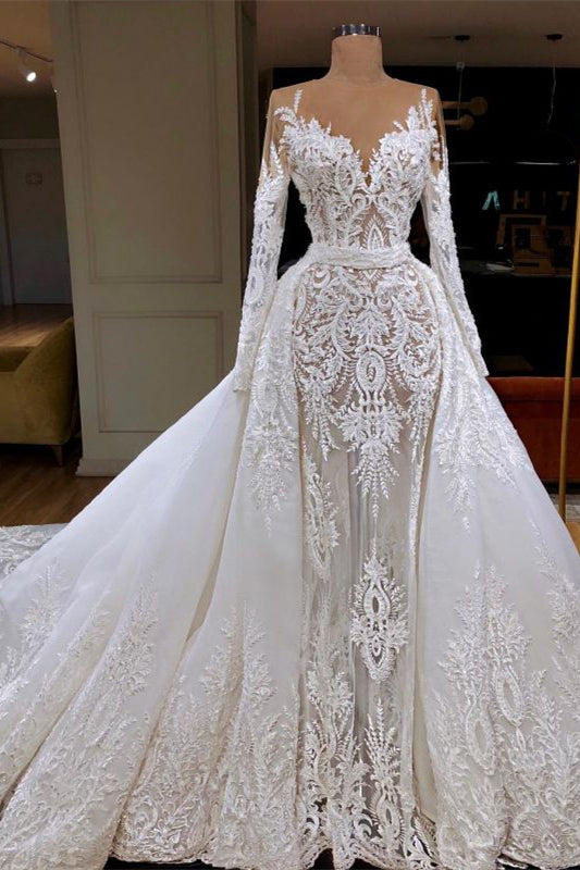 Elegant Mermaid Wedding Gown with Long Lace Sleeves and Detachable Skirt