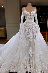 Elegant Mermaid Wedding Gown with Long Lace Sleeves and Detachable Skirt