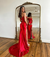 Fushcia Prom Dress Sleeveless Strapless Appliques Slit