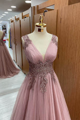 Dusty Pink V-Neck Sleeveless Prom Dress Tulle Long with Appliques