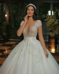 Elegant V-neck A-line Beaded Tulle Wedding Gown with Long Cap Sleeves