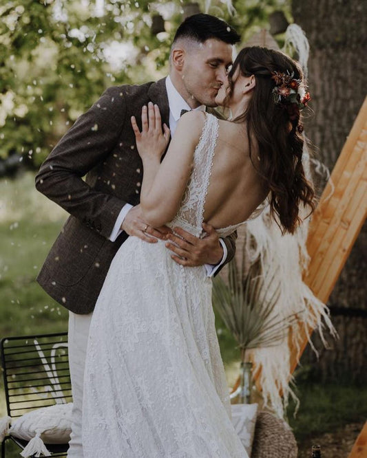 Elegant Backless V-Neck A-Line Wedding Gown with Long Lace