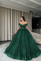 Green Off-the-Shoulder Ball Gown Evening Dress with Sequins