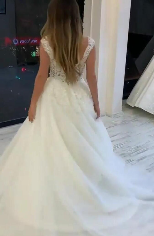 Pearl-Embellished V-Neck A-Line Wedding Gown with Wide Straps and Lace Appliques