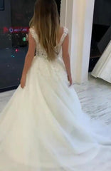 Pearl-Embellished V-Neck A-Line Wedding Gown with Wide Straps and Lace Appliques