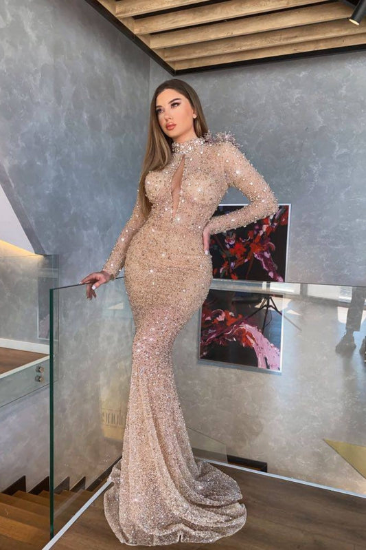 Gorgeous Long Sleeves High Neck Prom Dress Keyhole Mermaid With Sequins Beads