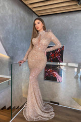 Gorgeous Long Sleeves High Neck Prom Dress Keyhole Mermaid With Sequins Beads