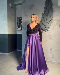 Gorgeous Long Sleeves V-Neck Prom Dress Sequins Party Gowns With Slit
