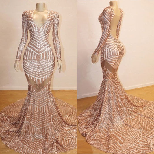 Stunning Long Sleeves Mermaid Prom Dress Sequins Backless