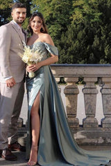 Stunning Off-the-Shoulder Silver Grey Prom Dress Split Long With Appliques