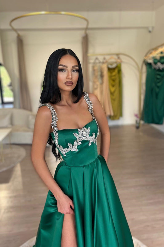 Gorgeous Dark Green Sleeveless A-line Prom Dress Crystals With Split