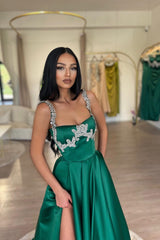 Gorgeous Dark Green Sleeveless A-line Prom Dress Crystals With Split