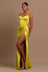 Daffodil Long Prom Dress Halter Sleeveless Gown with Pleated Slit