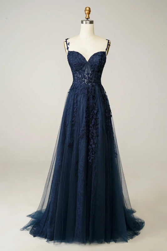 Sleeveless Spaghetti Strap Tulle Prom Dress Applique Mermaid Dress YB0096
