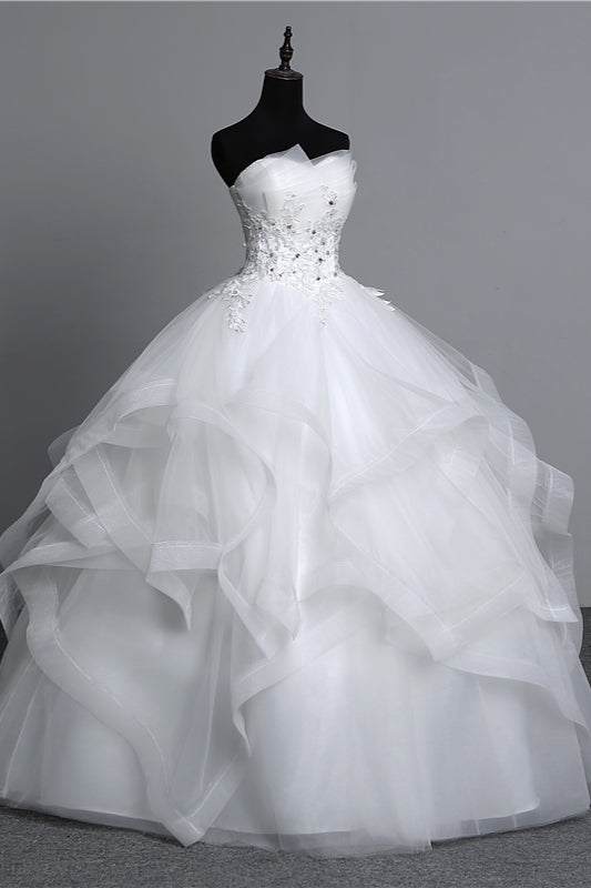 Strapless Long Wedding Dress with Modest Ball Gown Silhouette and Tulle Layers, Beaded Appliques
