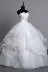 Strapless Long Wedding Dress with Modest Ball Gown Silhouette and Tulle Layers, Beaded Appliques