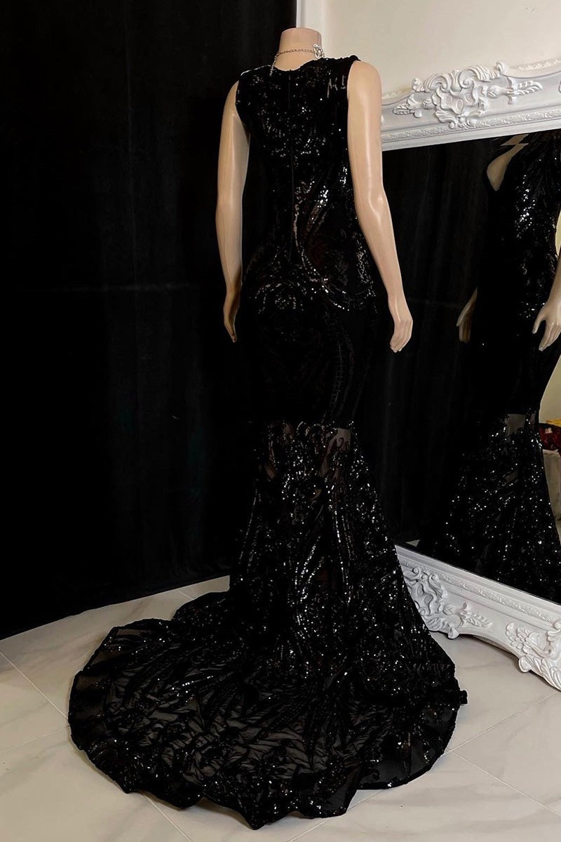 Modern Sleeveless V-Neck Mermaid Prom Dresses Sequins Long Online