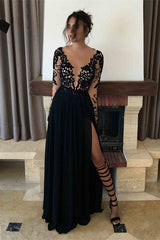 Black Long Sleeves Evening Dress Split