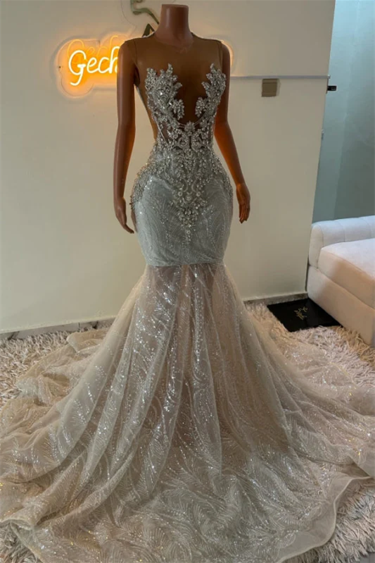 Modern Silver Sleeveless Scoop Prom Dress Mermaid Long With Sequins Beadings Crystals