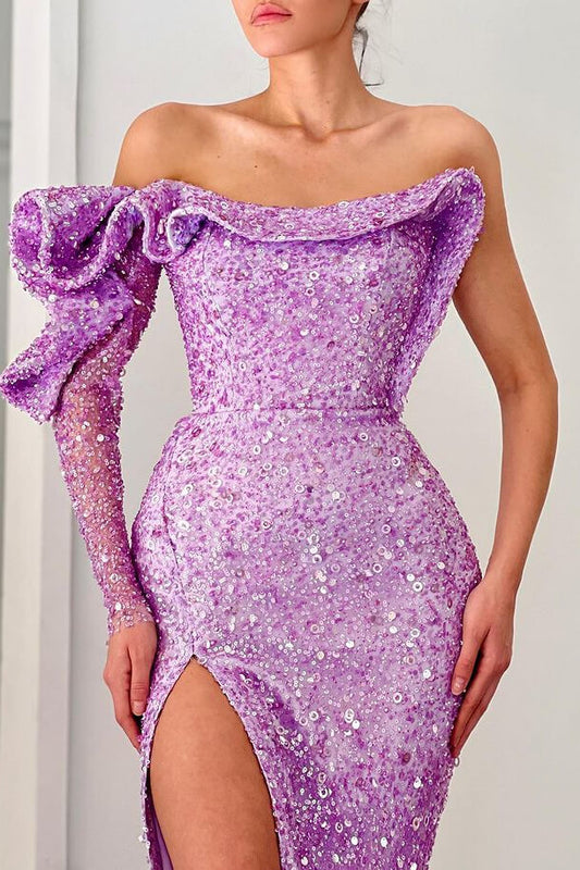 Gorgeous Lilac Long Sleeves Mermaid Prom Dress Sequins Split Off-the-Shoulder