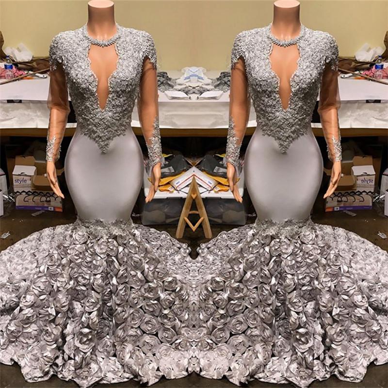 Elegant Long Sleeves Mermaid V-Neck Prom Dress Appliques with Flowers Bottom
