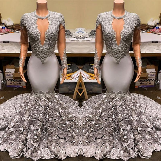 Elegant Long Sleeves Mermaid V-Neck Prom Dress Appliques with Flowers Bottom