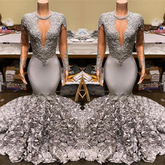 Elegant Long Sleeves Mermaid V-Neck Prom Dress Appliques with Flowers Bottom