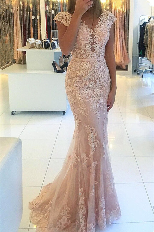 Glamorous Cap Sleeves Lace Appliques Prom Dress Mermaid Long