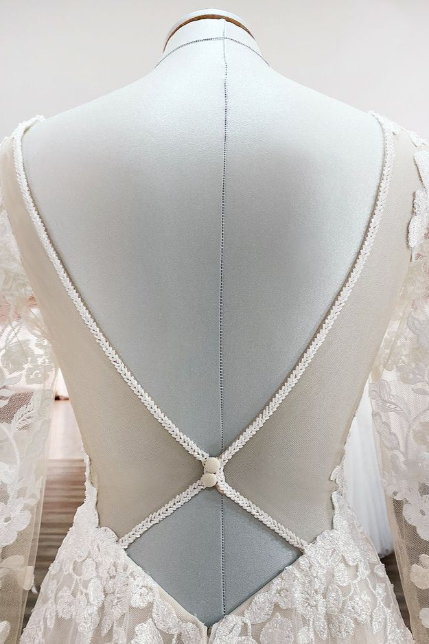 Elegant Ivory A-line Wedding Dress with Long Lace Sleeves and Open Back Tulle Details