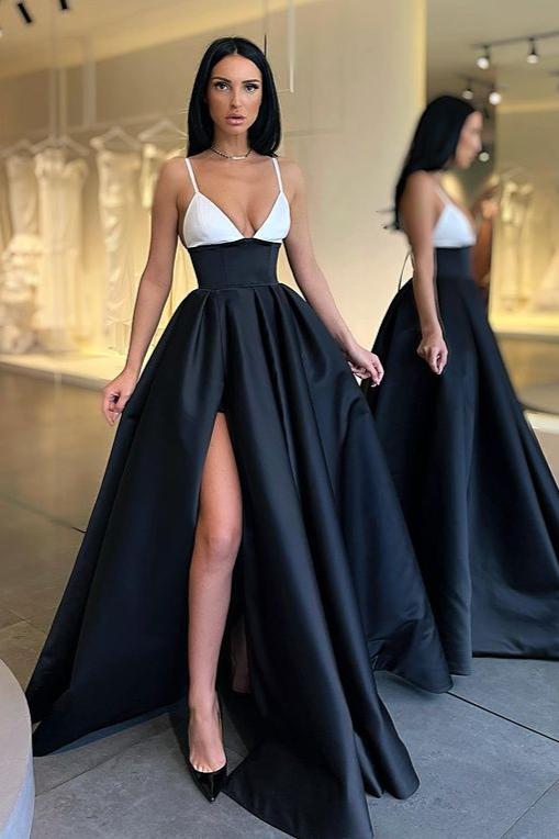 Black and White Spaghetti-Straps Prom Dress With Slit