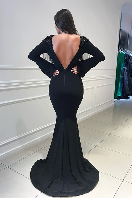 Gorgeous Black V-Neck Long Sleeves Mermaid Prom Dress Open Back With Tassels