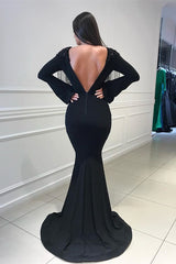 Gorgeous Black V-Neck Long Sleeves Mermaid Prom Dress Open Back With Tassels