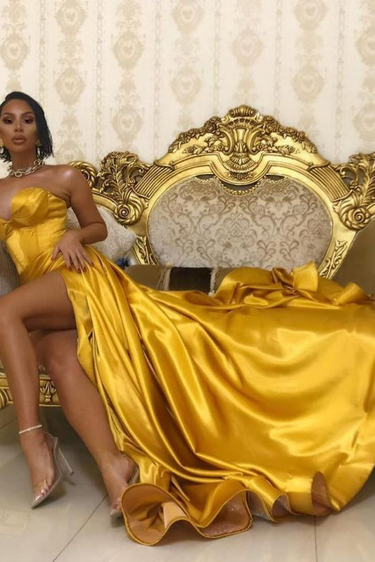 Yellow Gold Sweetheart Slit Prom Dress Long On Sale