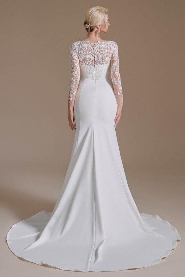 Elegant Long Mermaid Jewel Wedding Dress in Satin Lace With Sleeves