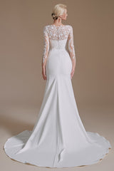 Elegant Long Mermaid Jewel Wedding Dress in Satin Lace With Sleeves