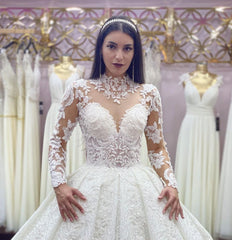 Elegant High-neck Long Sleeve Wedding Dress Featuring Lace Appliques