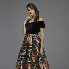 Black Off Shoulder Flowers Evening Dress Short Sleeve A line Formal Dress