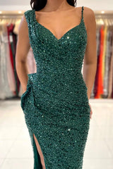 Elegant Dark Green V-Neck Mermaid Prom Dress Sequins Beads Sleeveless Long With Slit