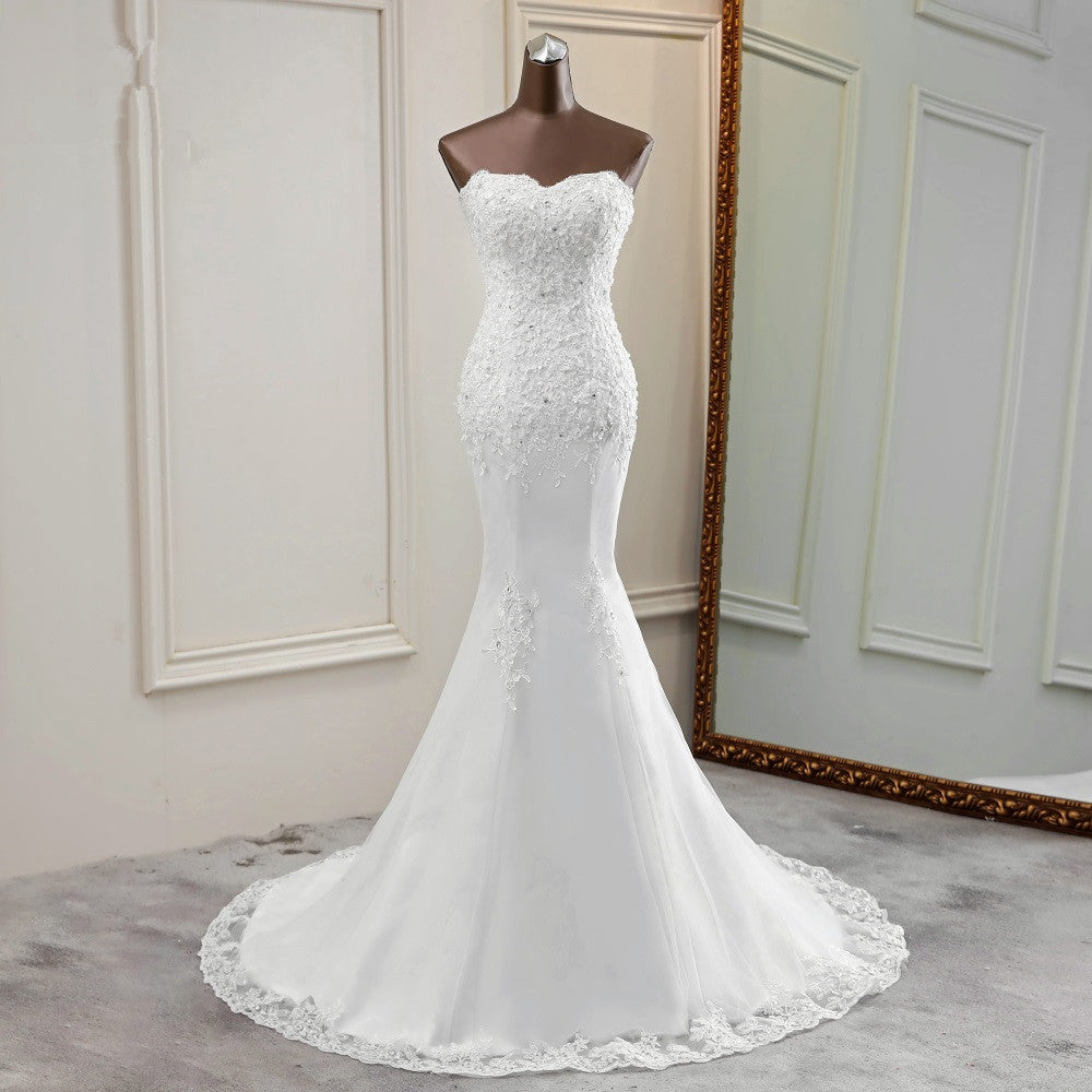 Long Mermaid Strapless Lace Wedding Dress with Elegant Appliques and Beadings